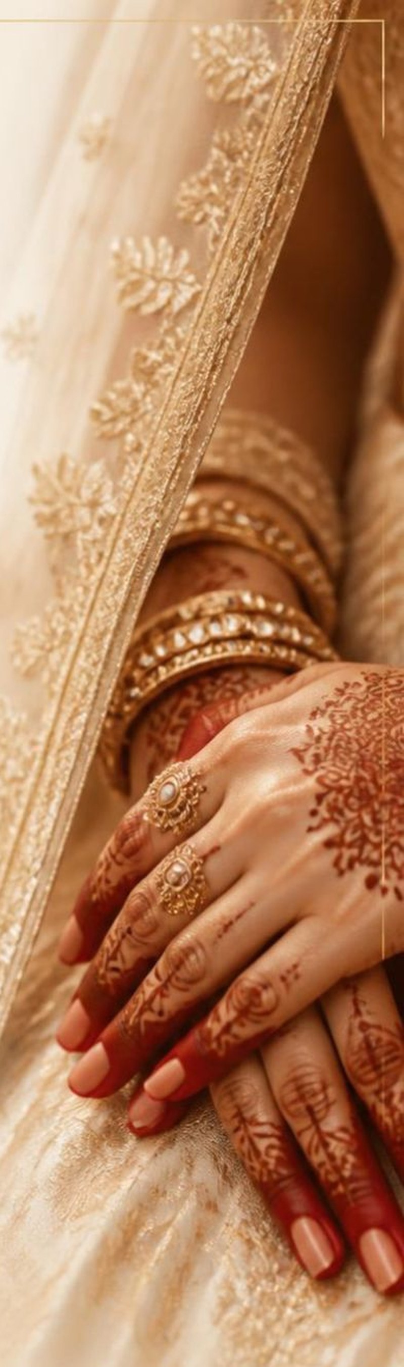 Bridal mehendi, bangles and bridal lehenga detail at True Aura Family Salon